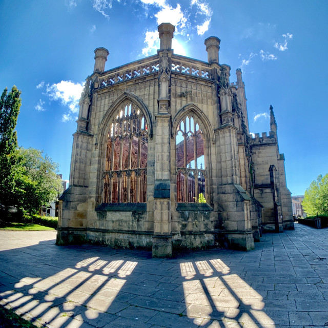 "Sunlight shining through the windows of St.Luke's Church in Liverpool" stock image