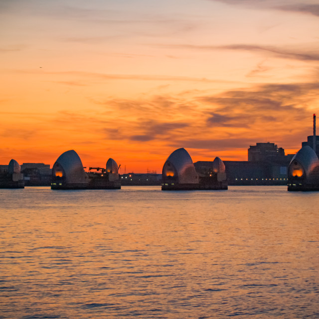 "The Thames Barrier, sunrise." stock image