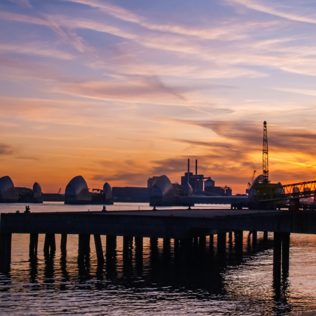 "The Thames Flood Barrier at sunrise." stock image