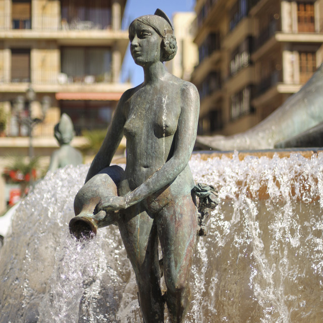 "Turia Fountain on Plaza de la Virgen, Valencia, Spain" stock image