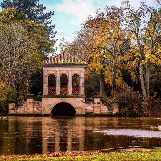 "The Roman Pavilion and Boathouse in Birkenhead Park in The Wirral" stock image