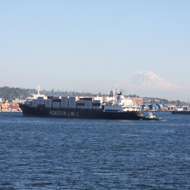 "Tanker in front of Mount Rainer" stock image