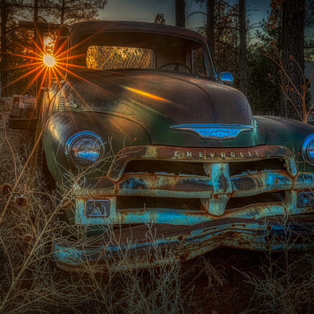 "chevrolet-chevy-abandoned-sunrise" by Chuck Taylor - £77.82 "chevrolet-chevy-abandoned-sunrise" stock image