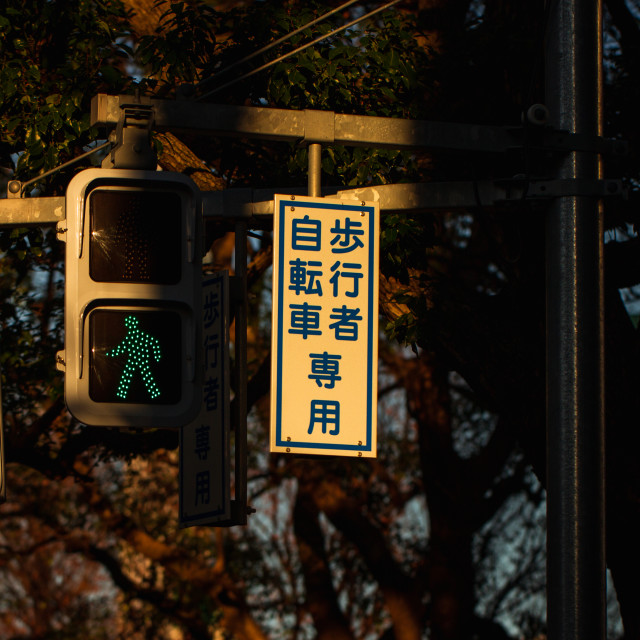 "Japanese Street Crossing Lights at Sunset" by Justin Mueller - £10.00 "Japanese Street Crossing Lights at Sunset" stock image