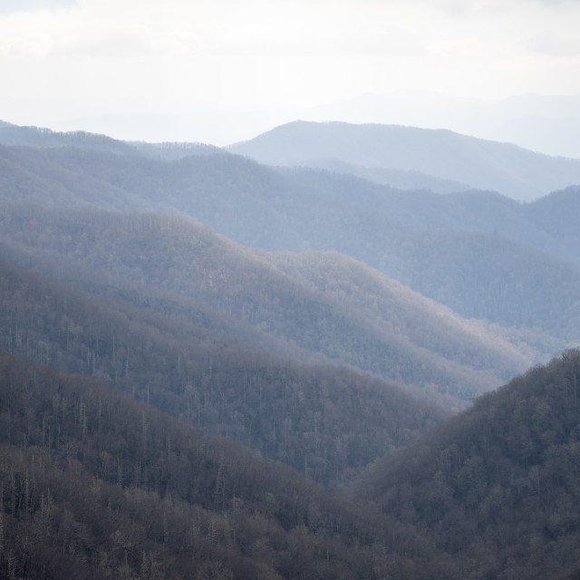 "sunset on mountains in the spring fog" by Justin Mueller - £10.00 "sunset on mountains in the spring fog" stock image