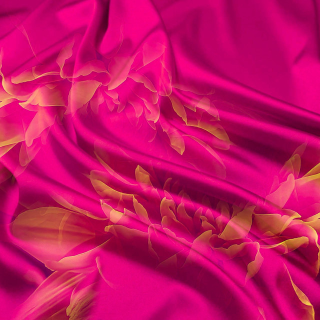 "Yellow flower impressions on shocking pink silk" by RukhsanaC - £50.00 "Yellow flower impressions on shocking pink silk" stock image