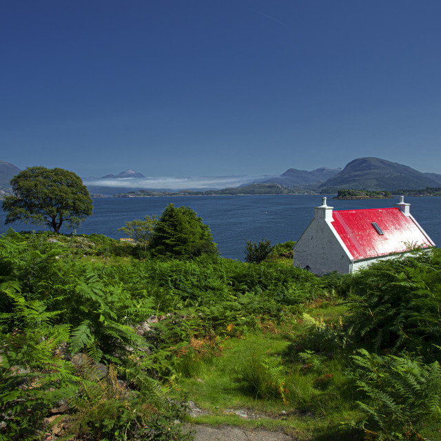"The Wee Red Cottage on Loch Shieldaig, Scottish highlands" by John McGowan - £15.00 "The Wee Red Cottage on Loch Shieldaig, Scottish highlands" stock image