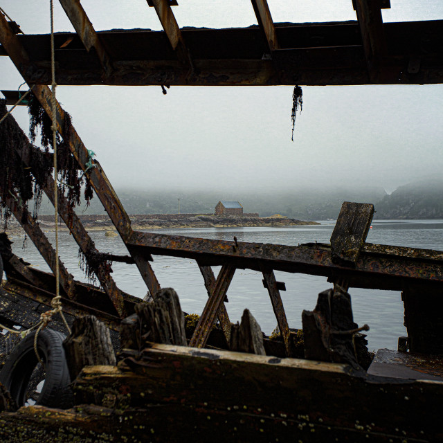 "Fishing Bothy Seen Through the Shipwreck, Lower Diabaig" by John McGowan - £10.00 "Fishing Bothy Seen Through the Shipwreck, Lower Diabaig" stock image