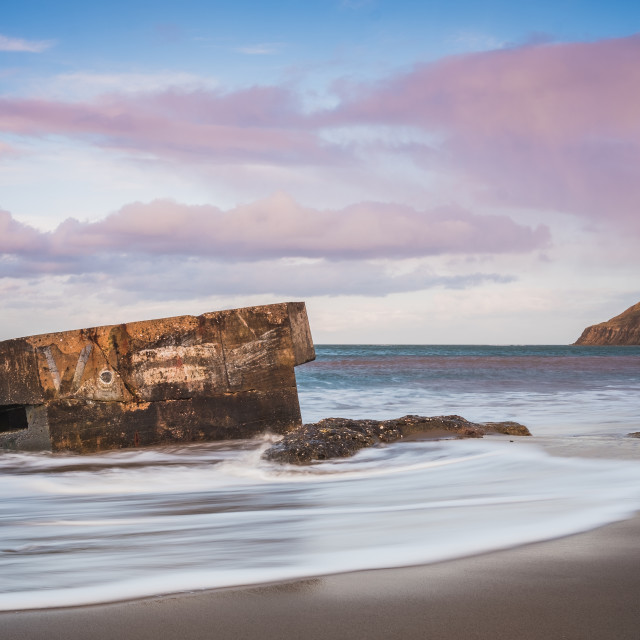 "Soft sunset light over the pillbox at Cayton Bay, North Yorkshire" stock image