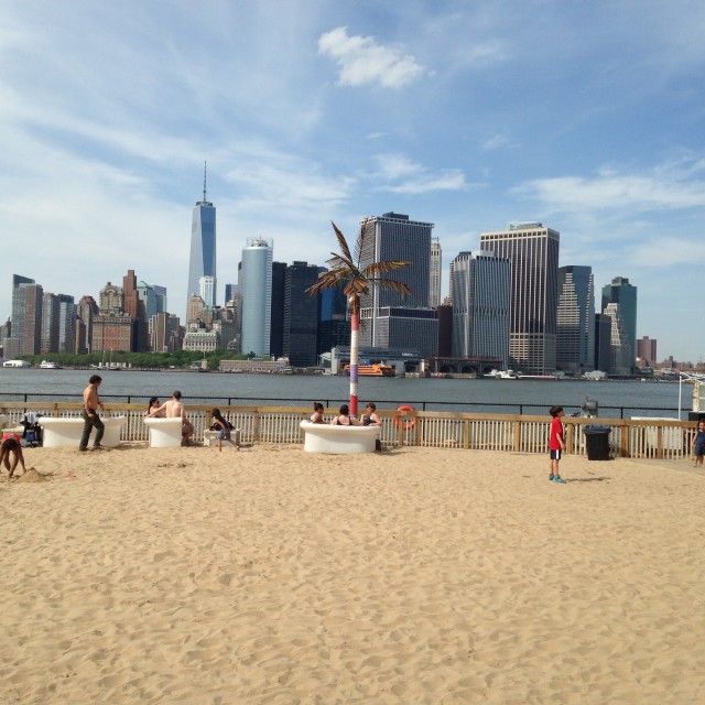 "View of Lower Manhattan from Governors Island Beach-NYC" stock image