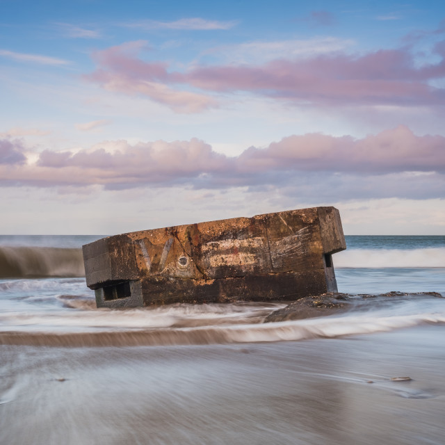 "Soft evening light at the Cayton Bay pillbox" stock image