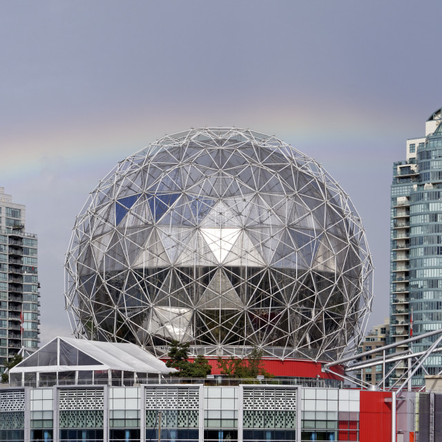 "Rainbow over Telus World of Science dome, Vancouver" stock image