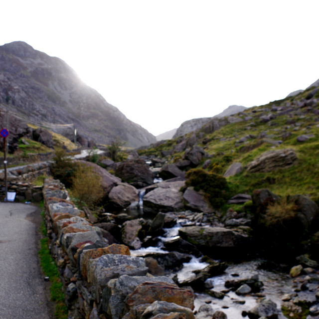 "Pen Y Pass road and stream" stock image