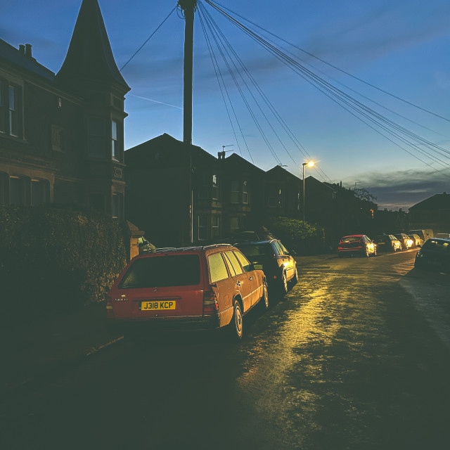 "Red car in the morning" stock image