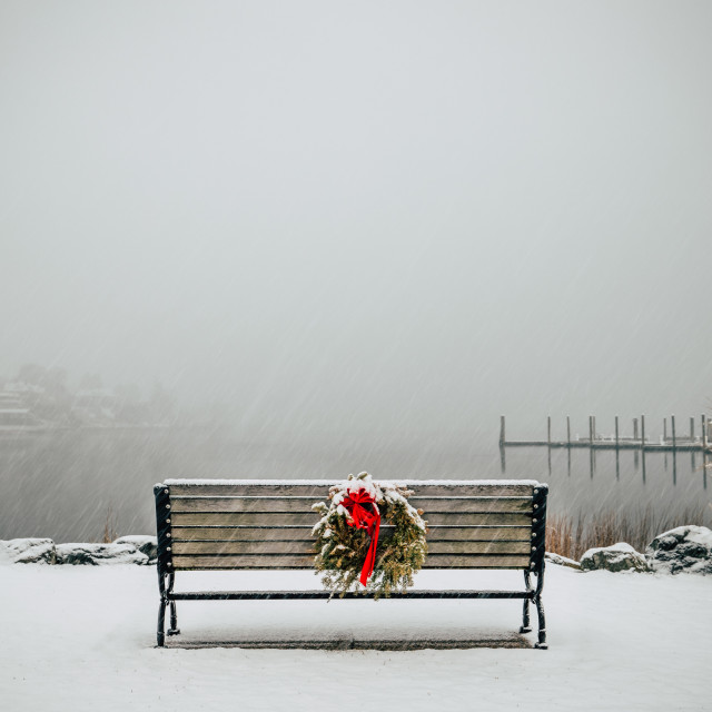 "Lonley Bench in a Snowstorm" stock image
