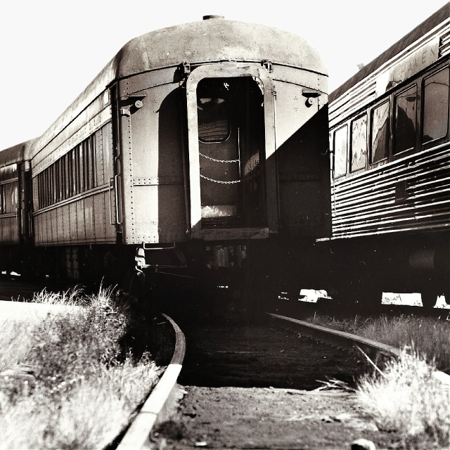 "Old Train Cars in Black and White Circa 1970's" stock image