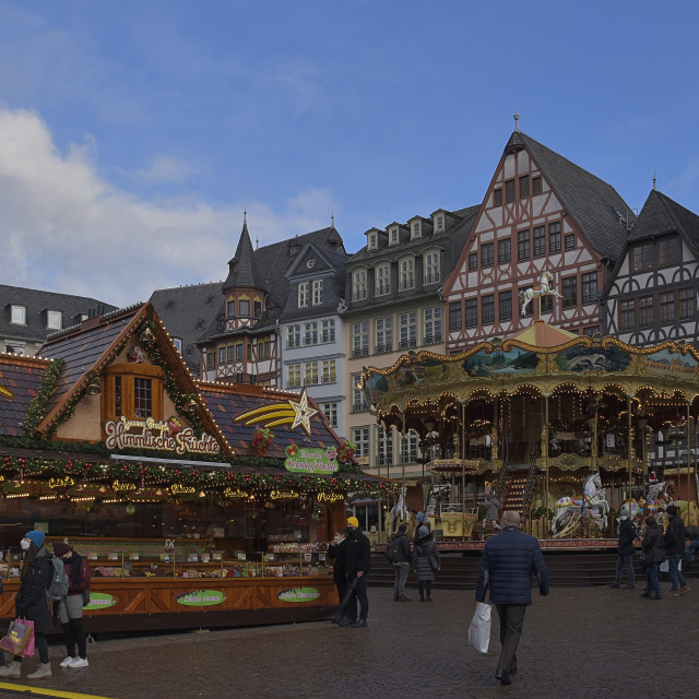 "Historic carousel and stalls on Römerplatz, Frankfurt am Main, Hesse, Germany" stock image