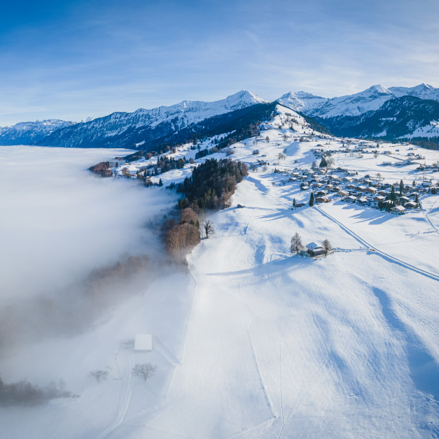 "Aerial view of Aeschi under snow" stock image