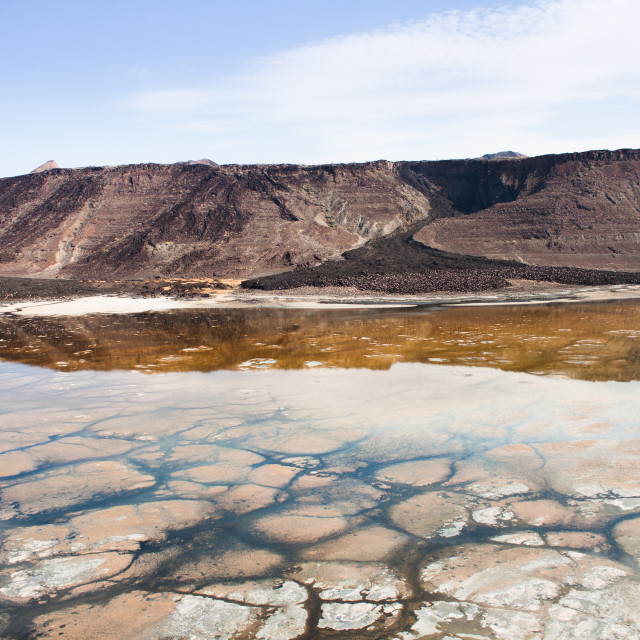 "Crust soda lake with flamingo" stock image