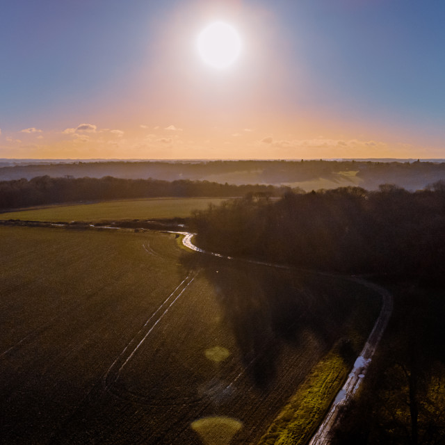 "English Countryside Low Winter Sun" stock image