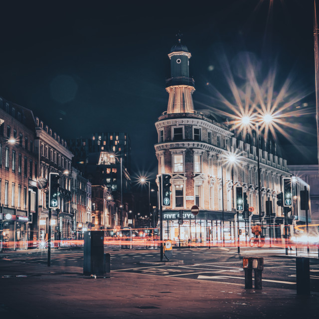 "The Lighthouse Kings Cross Night Light Trails" stock image