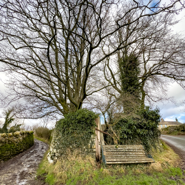 "Hebden, Main Street and Back Lane Junction with Seat." stock image