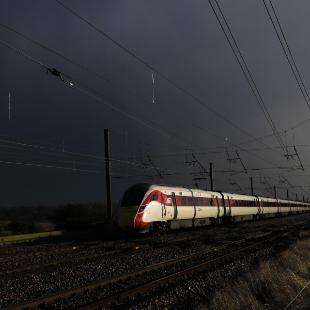 LNER Azuma train going into a storm, Class 800, East Coast Main Line