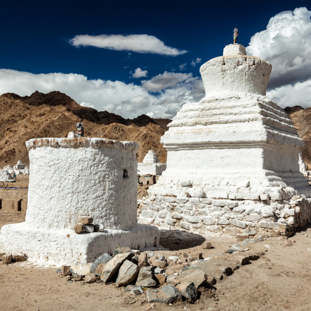 "White chortens stupas near Shey, Ladakh, India" stock image