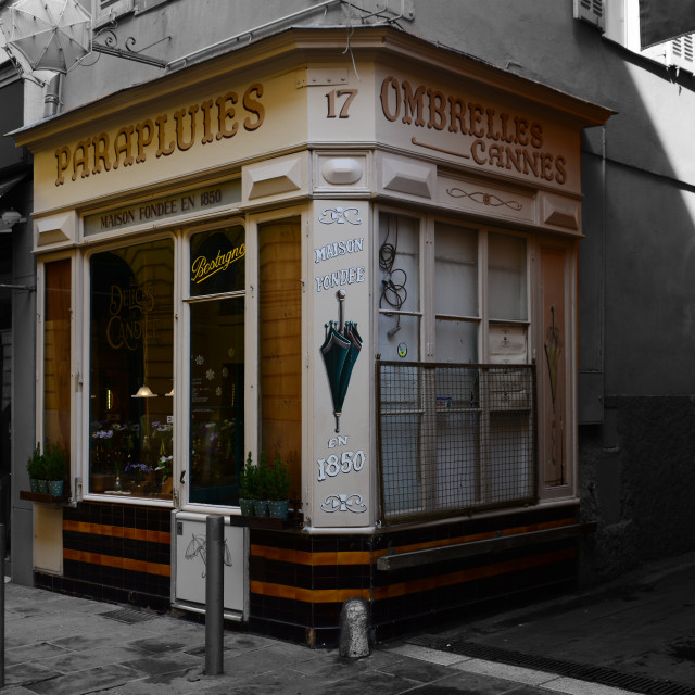 "A chocolate shop in an umbrellas dress" by Amit Mendelsohn - £50.00 "A chocolate shop in an umbrellas dress" stock image