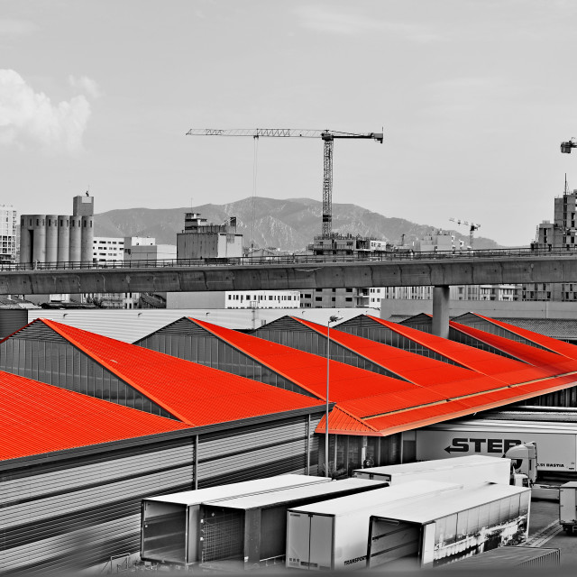 "Red roof in a gray city" by Amit Mendelsohn - £50.00 "Red roof in a gray city" stock image