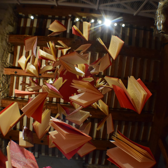 "Books falling a view from below" by Amit Mendelsohn - £50.00 "Books falling a view from below" stock image