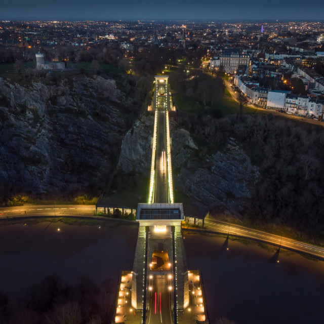 "Clifton Suspension Bridge Aerial Night #1" stock image