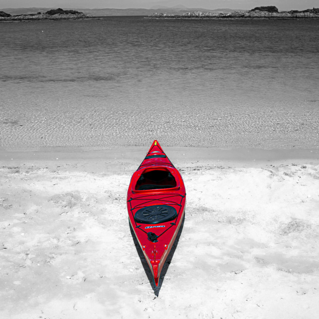 "A Wee Red Canoe on Traigh Beach, Scottish Highlands" stock image