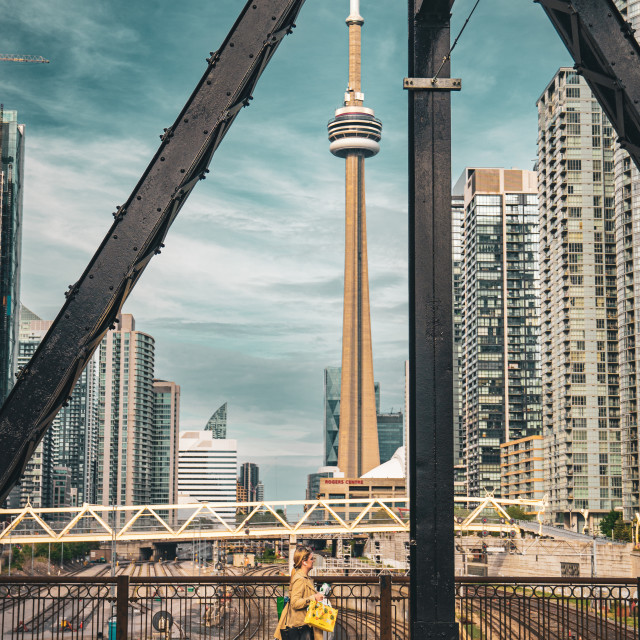 "Walking on Bathurst Bridge CN Tower View" stock image