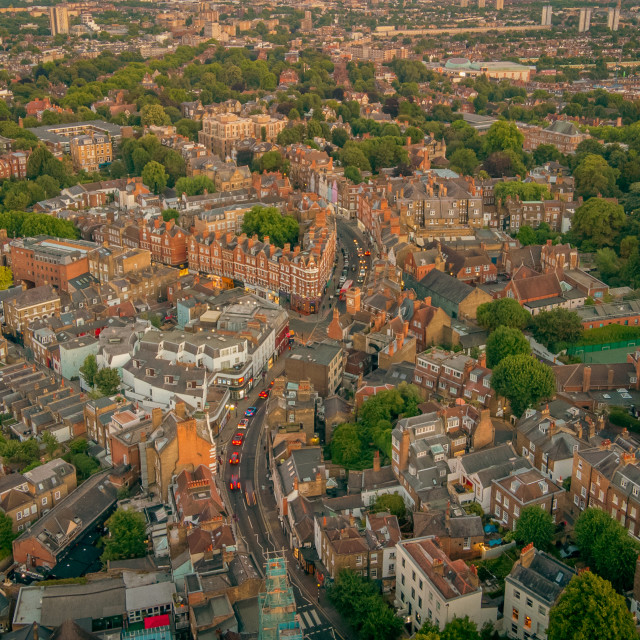 "Heath Street, Hampstead Sunset Drone Shot" stock image