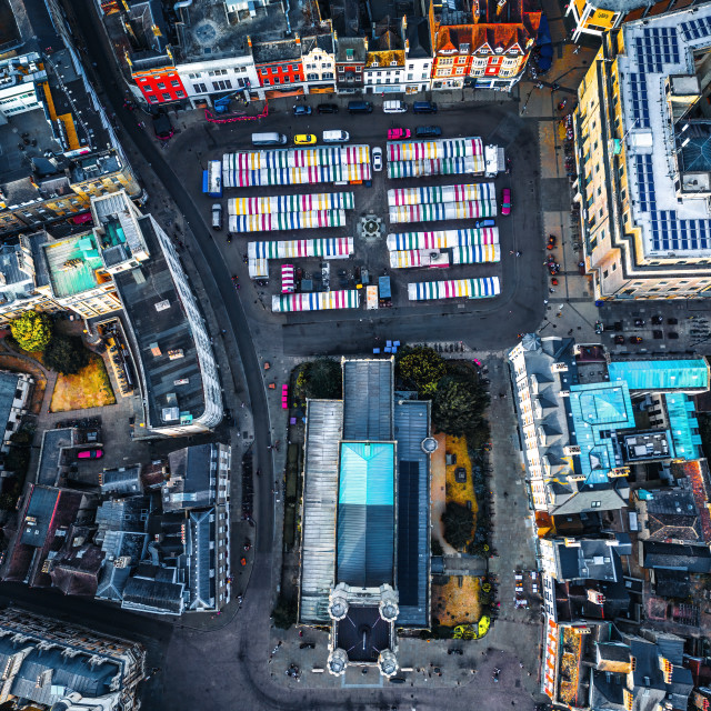 "Cambridge Market aerial view, Cambridge, UK." stock image