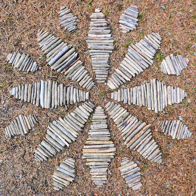 "Landart Mandala flower made from spruce sticks on the forest ground" stock image