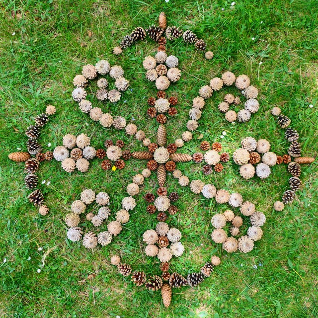 "Landart creation mandala from pine and spruce cones" stock image