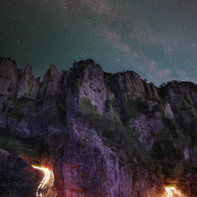 "Racing beneath the Milky Way (Cheddar Gorge)" stock image