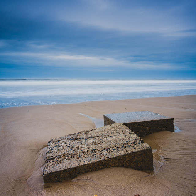 "Sea defenses at Warkworth Beach, Northumberland" stock image