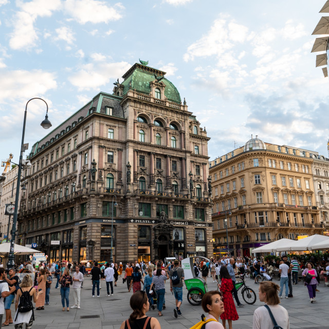 "Vienna downtown and the main city square Stephansplatz with always busy streets full of tourists in the one of the most famous capital cities in Europe" stock image