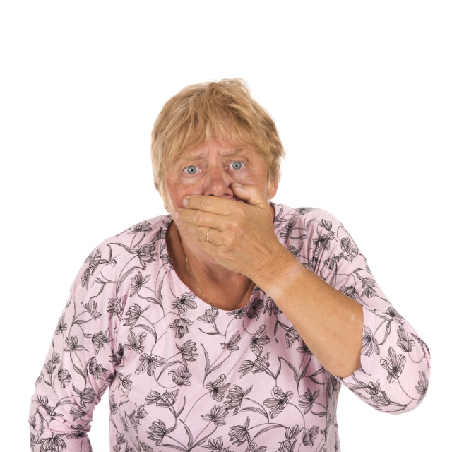 "Portrait senior woman with finger on white background" stock image