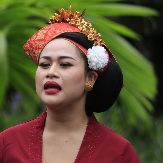 "Balinese woman on ceremony wearing traditional costume" stock image