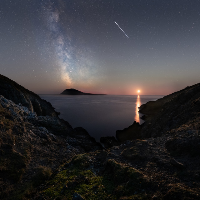 "Moon set, meteor and milky way over Bardsey Island" by Kat Lawman - $37.04 "Moon set, meteor and milky way over Bardsey Island" stock image