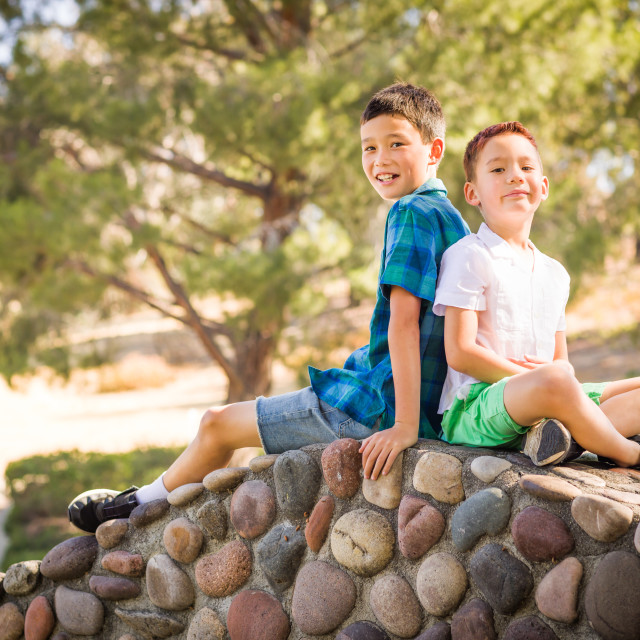 "Outdoor portrait of biracial Chinese and Caucasian brothers." stock image