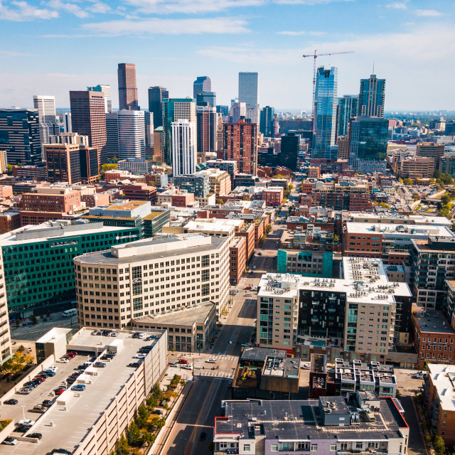 "Denver cityscape aerial view of the Colorado state capital USA" stock image