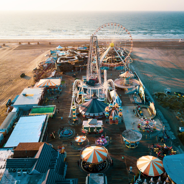 "Aerial view of the the Moreys Piers and Beachfront Water Parks complex in Wildwood" stock image