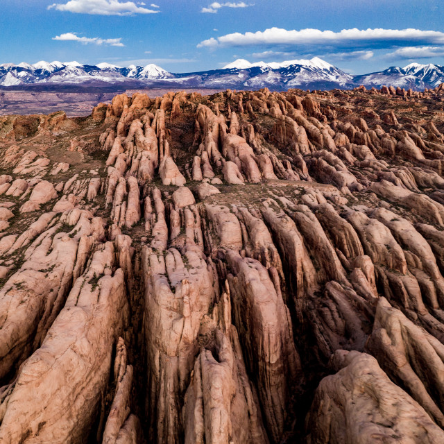 "La Sal Mountains as seen from Kane Creek Moab via drone" stock image