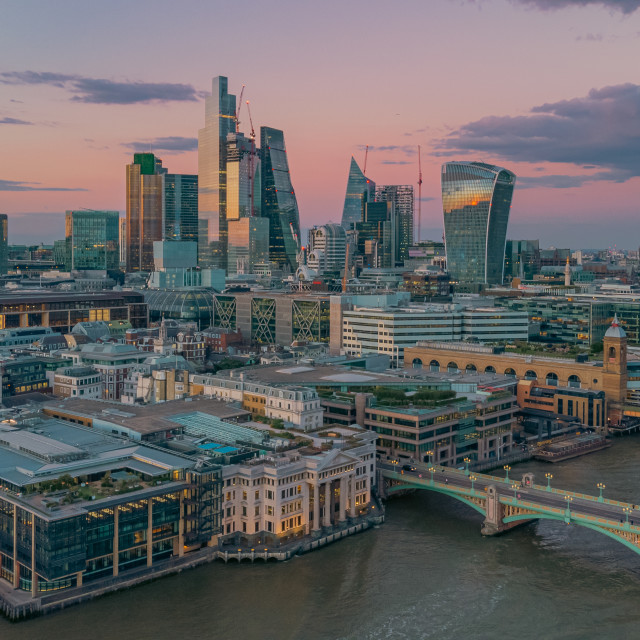 "City of London Twilight Drone Shot" stock image