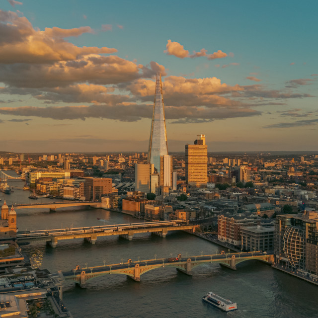 "Drone Shot of River Thames & Shard Summer Evening" stock image